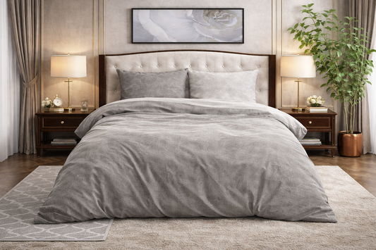 Lenjerie de pat Sleeptime, 1x husa pilota 140x200/220, 1x fete de perna 60x70, Bumbac si Poliester, Hipoalergenica, 150 GSM, model Washed Bumbac Gray, imprimeu Print Digital, culoare Gri