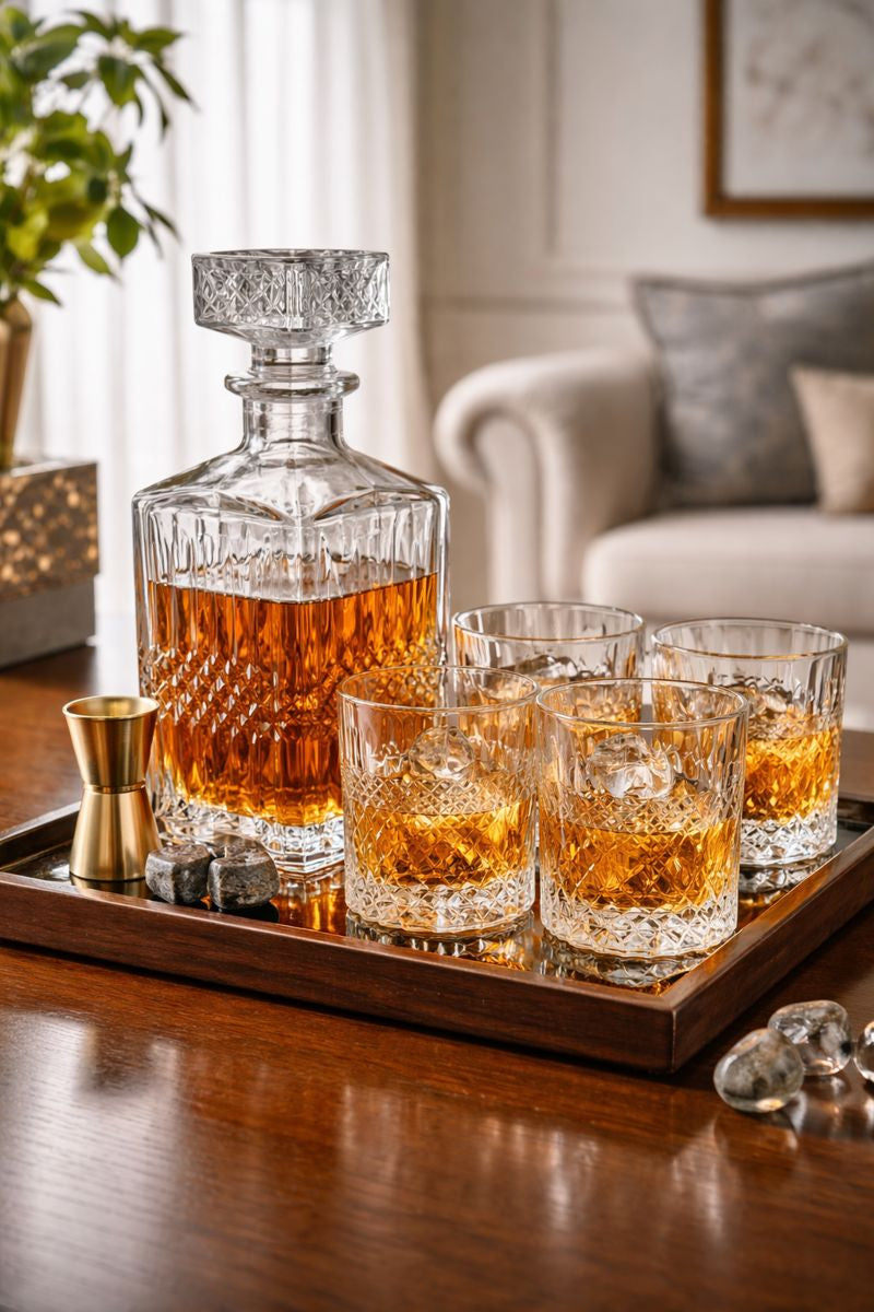 Set sticla Whisky cu decantor 940 ml si 4 pahare 200 ml, stil modern