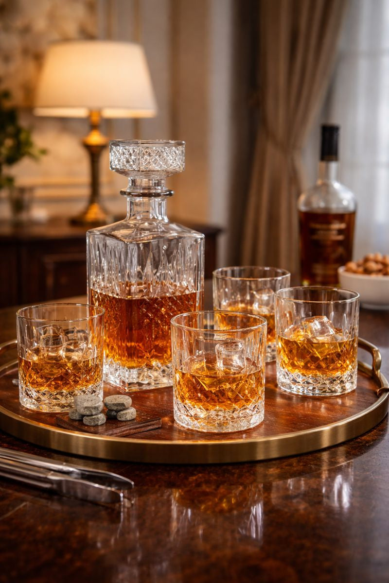 Set sticla Whisky cu decantor 940 ml si 4 pahare 200 ml, stil modern