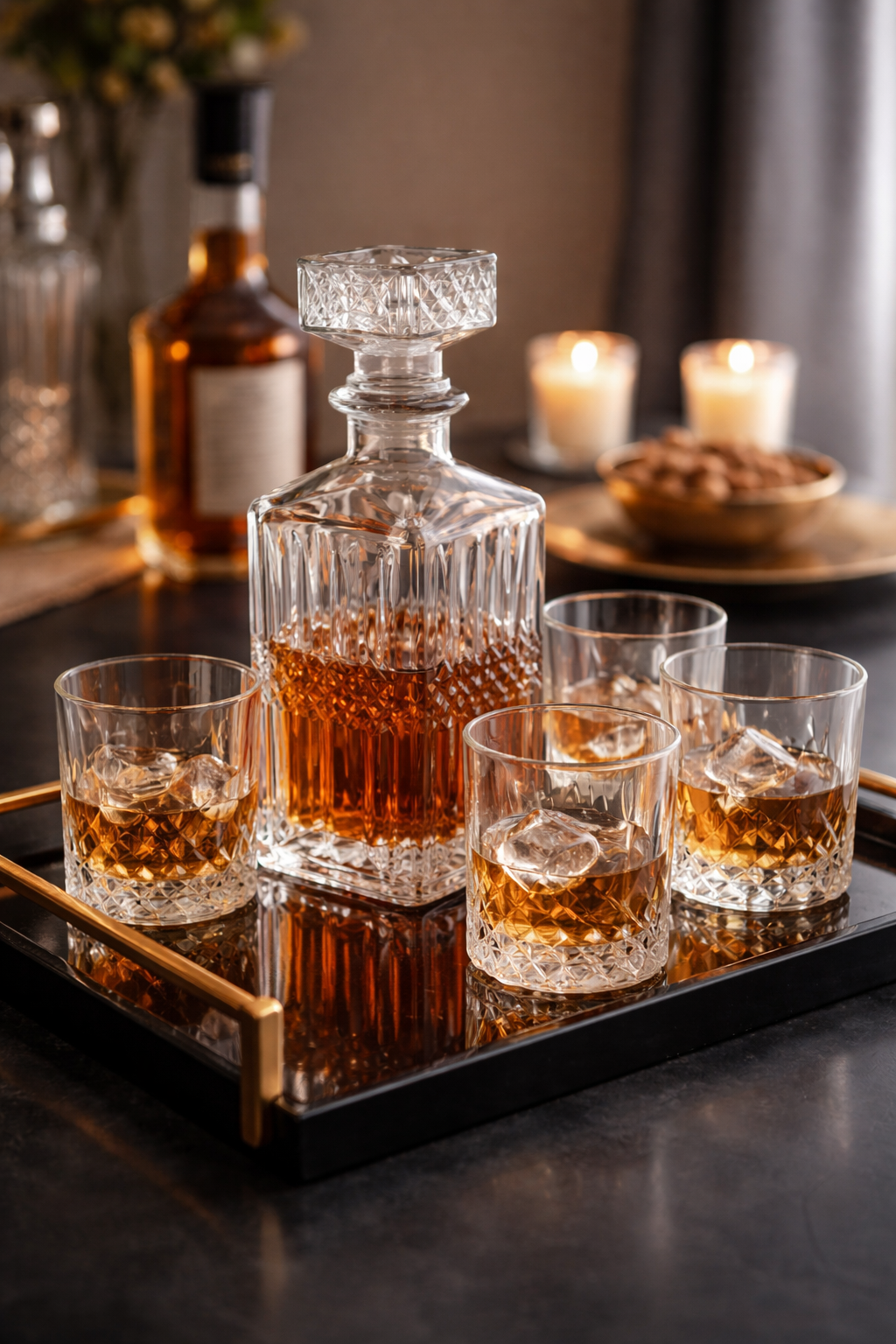 Set sticla Whisky cu decantor 940 ml si 4 pahare 200 ml, stil modern