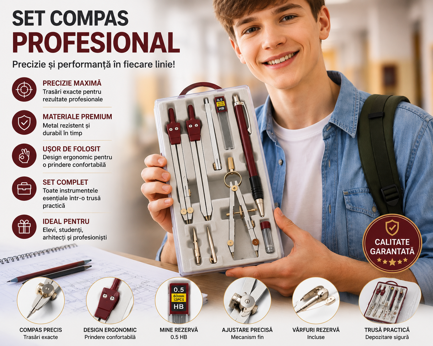 Set Geometrie 9 Piese cu Compas, Creion Mecanic, Mine Rezerva si Cutie pentru Scoala