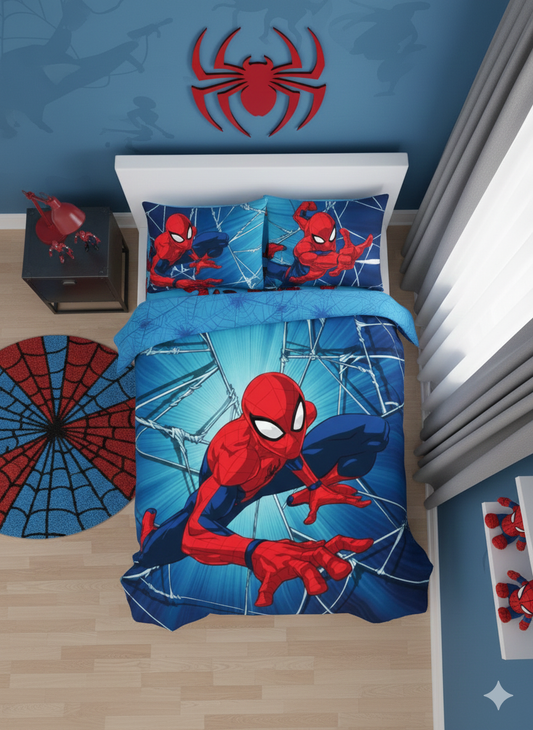 Lenjerie de pat Javoli, 1x husa pilota 100x140, 1x fete de perna 40x45, Bumbac 100%, Anti-Alergic, model Spiderman Dynamic, culoare Albastru