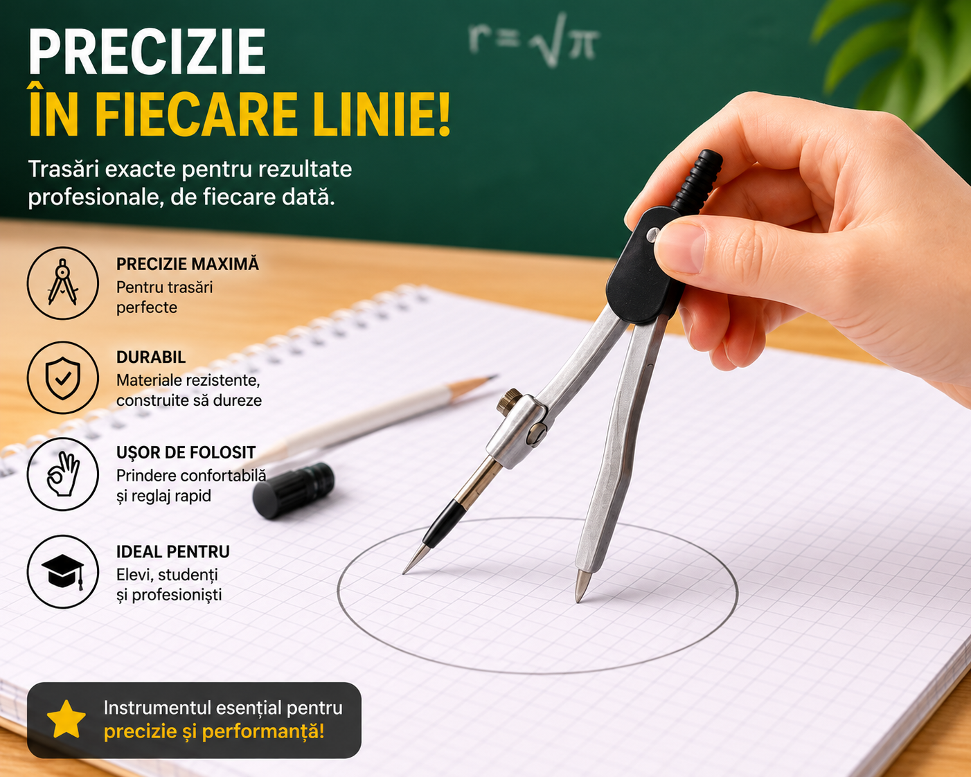 Set Geometrie 9 Piese cu 2 Compasuri, Rigla, Echer, Raportor si Cutie pentru Scoala