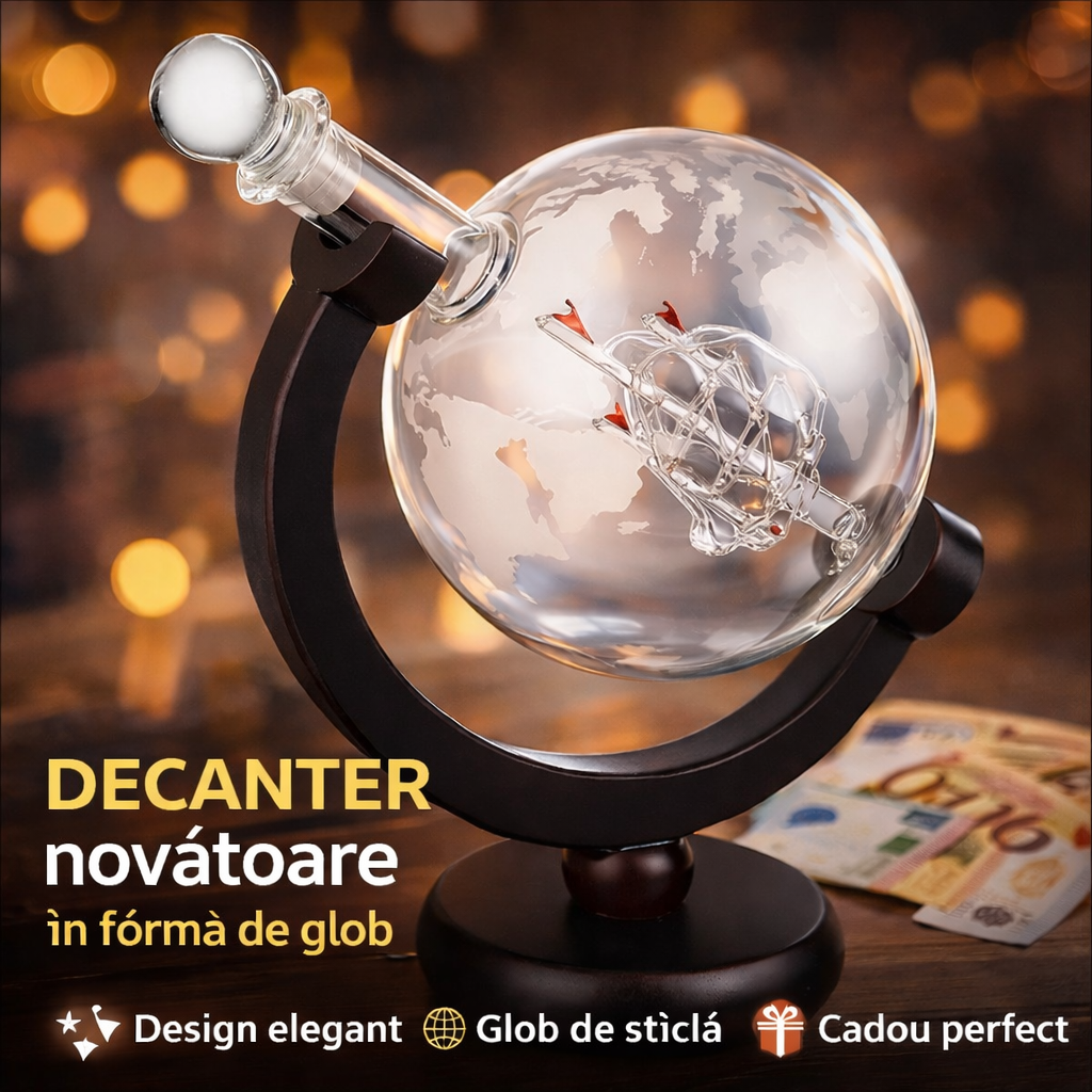 Set Decantor Whiskey Glob Pamantesc NEWTECH, 1X Carafa din Sticla 850 ml, 2X Pahare, 2X Suporturi pentru Pahare, Dop, 9 Cuburi pentru Racire cu Saculet, Cleste si Palnie, pentru Whisky, Scotch, Coniac, Bourbon, Ideal Cadou, Transparent
