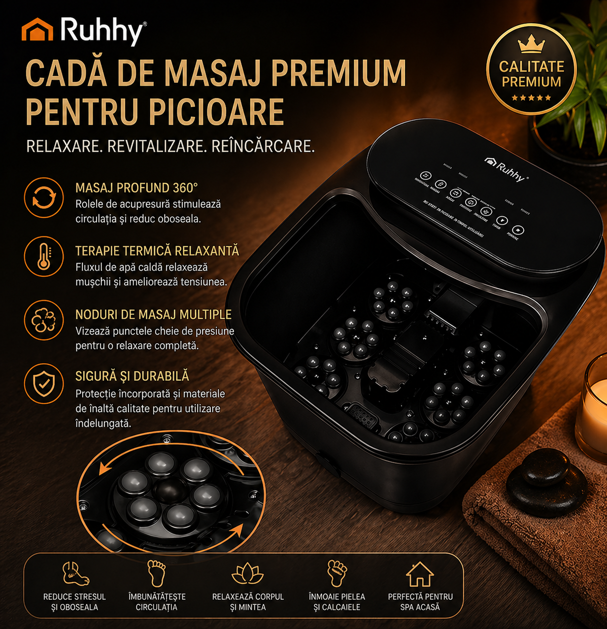 Cada Hidromasaj Pliabila pentru Picioare Ruhhy, Incalzire 35-48°C, Bule si Vibratii, Negru