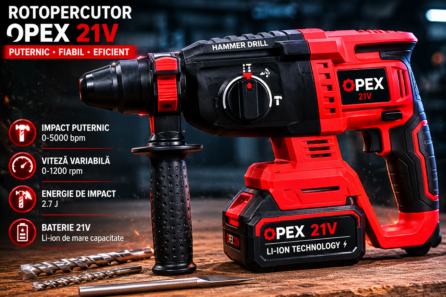 Trusa Scule 4 Piese 21V 5Ah, Rotopercutor, Bormasina, Autofiletanta Impact si Flex