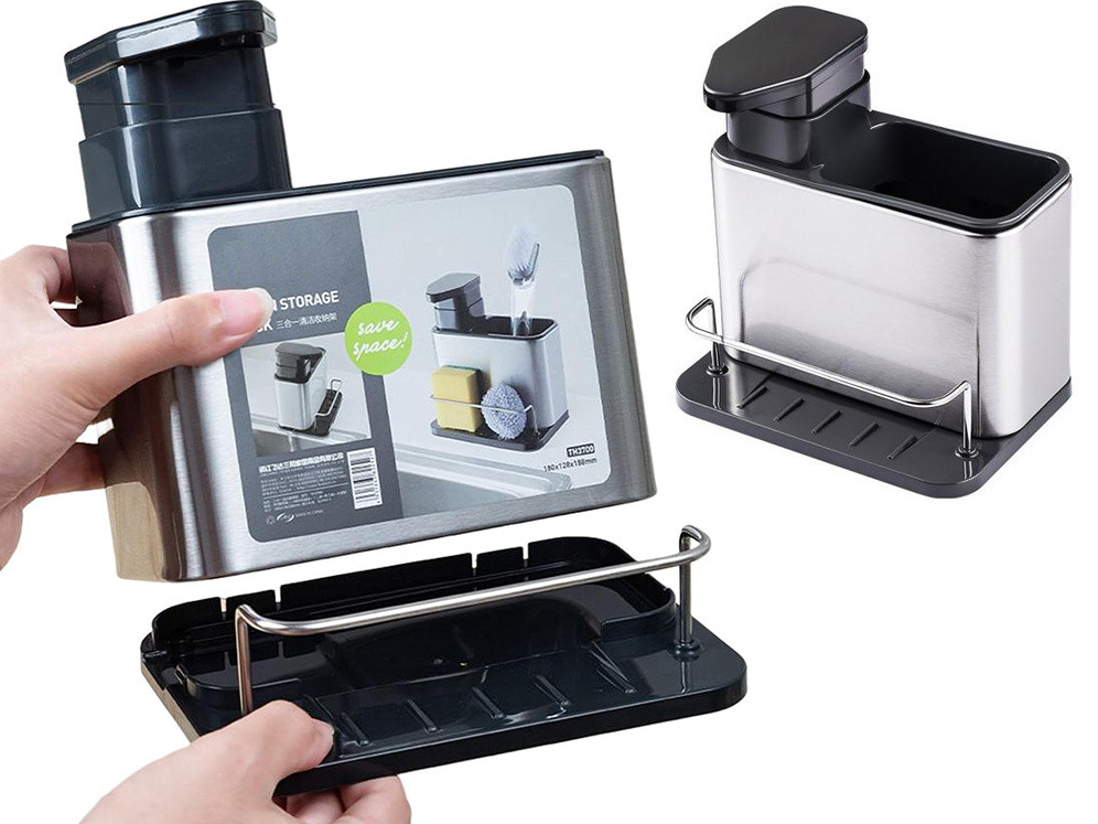 Organizator Bucatarie NewTech cu Dispenser Detergent, Suport Burete, 2 Compartimente, Argintiu Negru