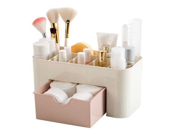 Organizator Cosmetice si Bijuterii NewTech, cu Sertar, Suport Machiaj si Skincare, Plastic, Roz