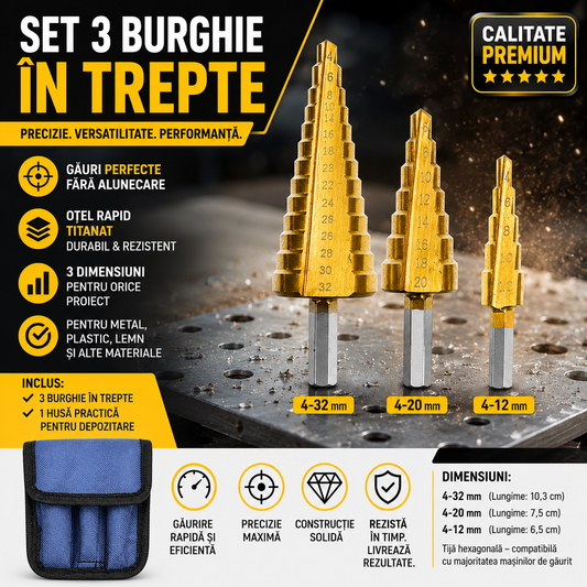 Set 3 freze conice titan cu geanta, 4-12/20/32 mm, metal, lemn, plastic, auriu
