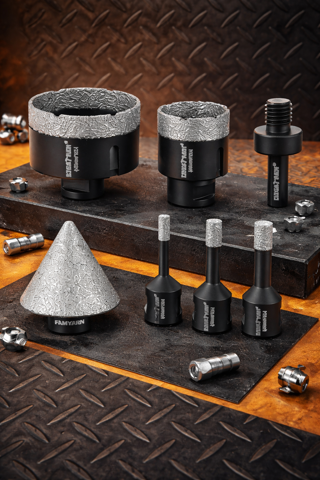 Set 7 piese, 1x adaptor pentru bormasina, 1x freza conica diamantata 2-50 mm, 5x carote diamantate 6 8 10 35 68 mm, filet M14, pentru gresie portelanata beton placi marmura granit piatra