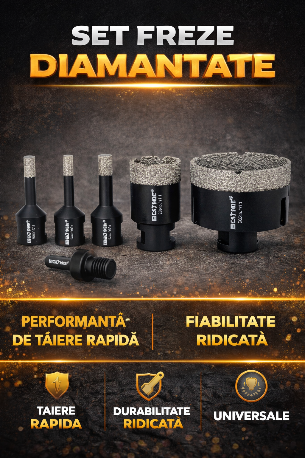 Set de 6 carote cu diamant, Otel, diametre de 6/8/10/12/35/68 mm, M14, cu ghidaj pentru burghiu, pentru gresie, piatra, granit, ceramica, Negru