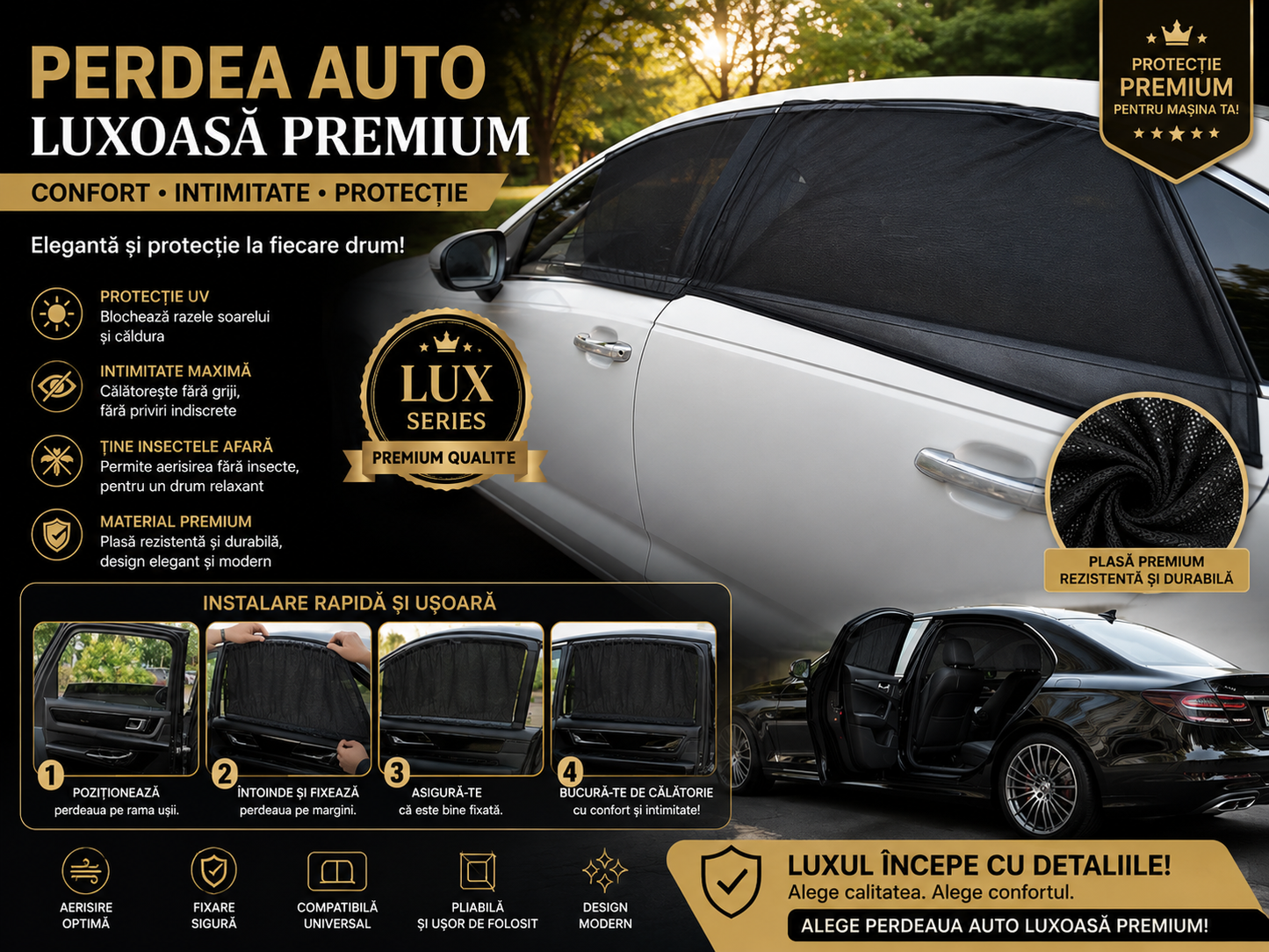 Parasolar Auto Universal Geam Spate 2 Buc, Protectie UV Copii si Bebelusi, 80x60 cm, Negru