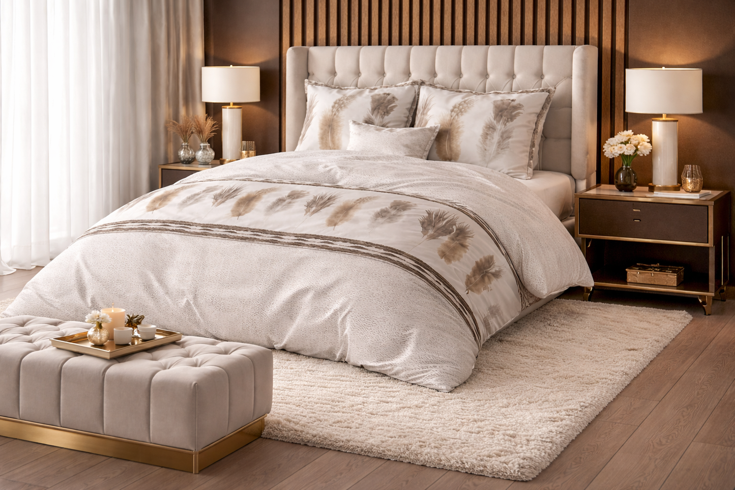 Lenjerie de pat Sleeptime, 1x husa pilota 200x200/220, 2x fete de perna 60x70, Bumbac si Poliester, Hipoalergenica, model Elegance Feathers Gray, culoare Maro