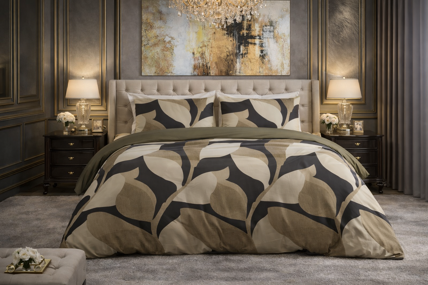 Lenjerie de pat Premium Sleeptime, 1x husa pilota 200x200/220, 2x fete de perna 60x70, Bumbac 100%, Hipoalergenica, 128T, model Pure Graphic Garden Anthracite, imprimeu Print Digital, culoare Maro