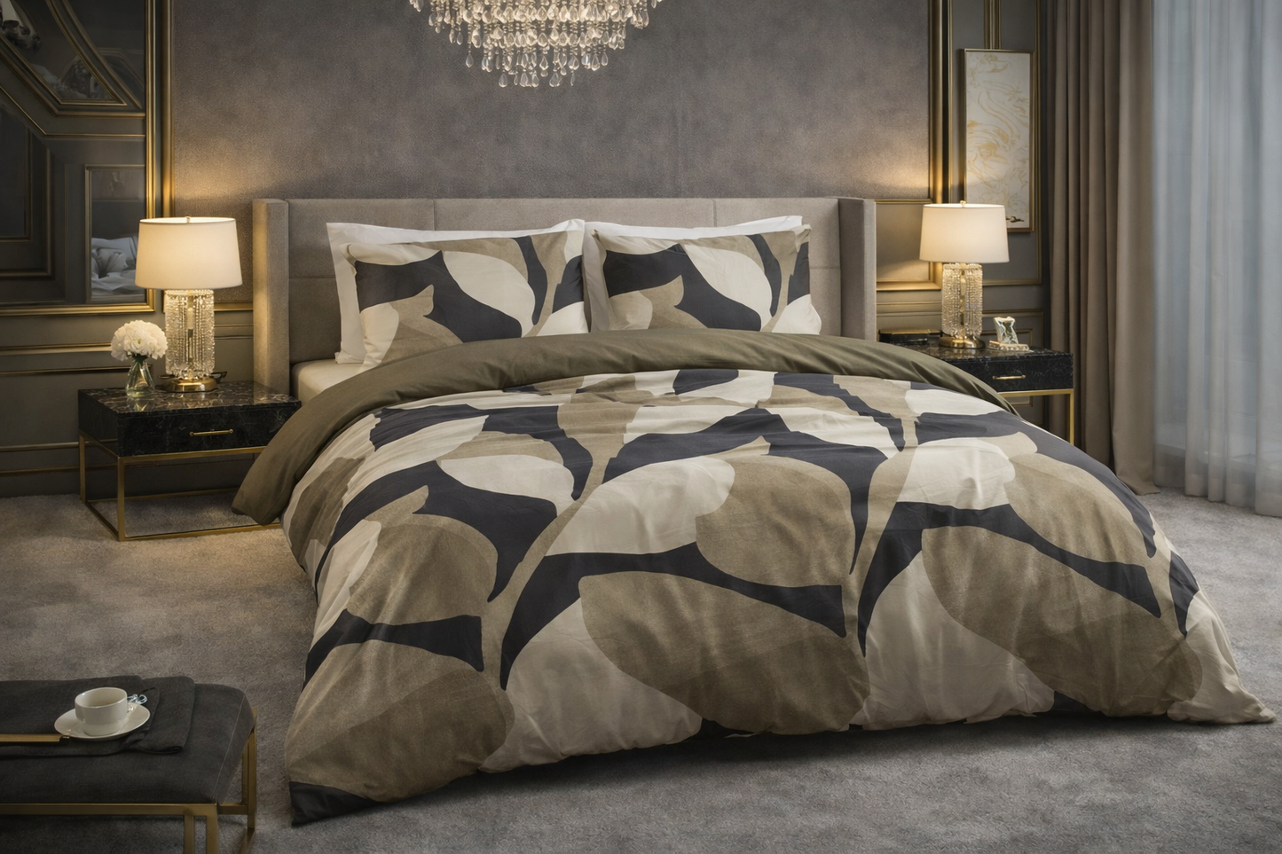 Lenjerie de pat Premium Sleeptime, 1x husa pilota 200x200/220, 2x fete de perna 60x70, Bumbac 100%, Hipoalergenica, 128T, model Pure Graphic Garden Anthracite, imprimeu Print Digital, culoare Maro