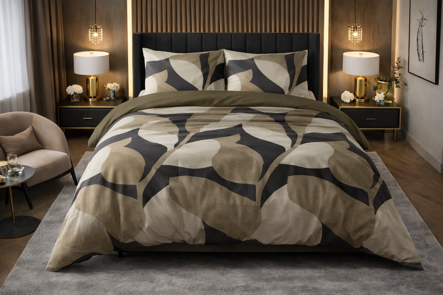 Lenjerie de pat Premium Sleeptime, 1x husa pilota 200x200/220, 2x fete de perna 60x70, Bumbac 100%, Hipoalergenica, 128T, model Pure Graphic Garden Anthracite, imprimeu Print Digital, culoare Maro