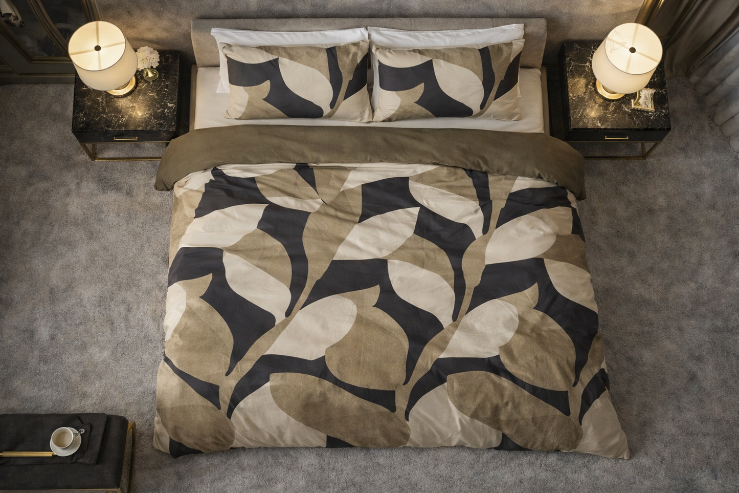 Lenjerie de pat Premium Sleeptime, 1x husa pilota 200x200/220, 2x fete de perna 60x70, Bumbac 100%, Hipoalergenica, 128T, model Pure Graphic Garden Anthracite, imprimeu Print Digital, culoare Maro