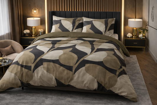 Lenjerie de pat Premium Sleeptime, 1x husa pilota 200x200/220, 2x fete de perna 60x70, Bumbac 100%, Hipoalergenica, 128T, model Pure Graphic Garden Anthracite, imprimeu Print Digital, culoare Maro