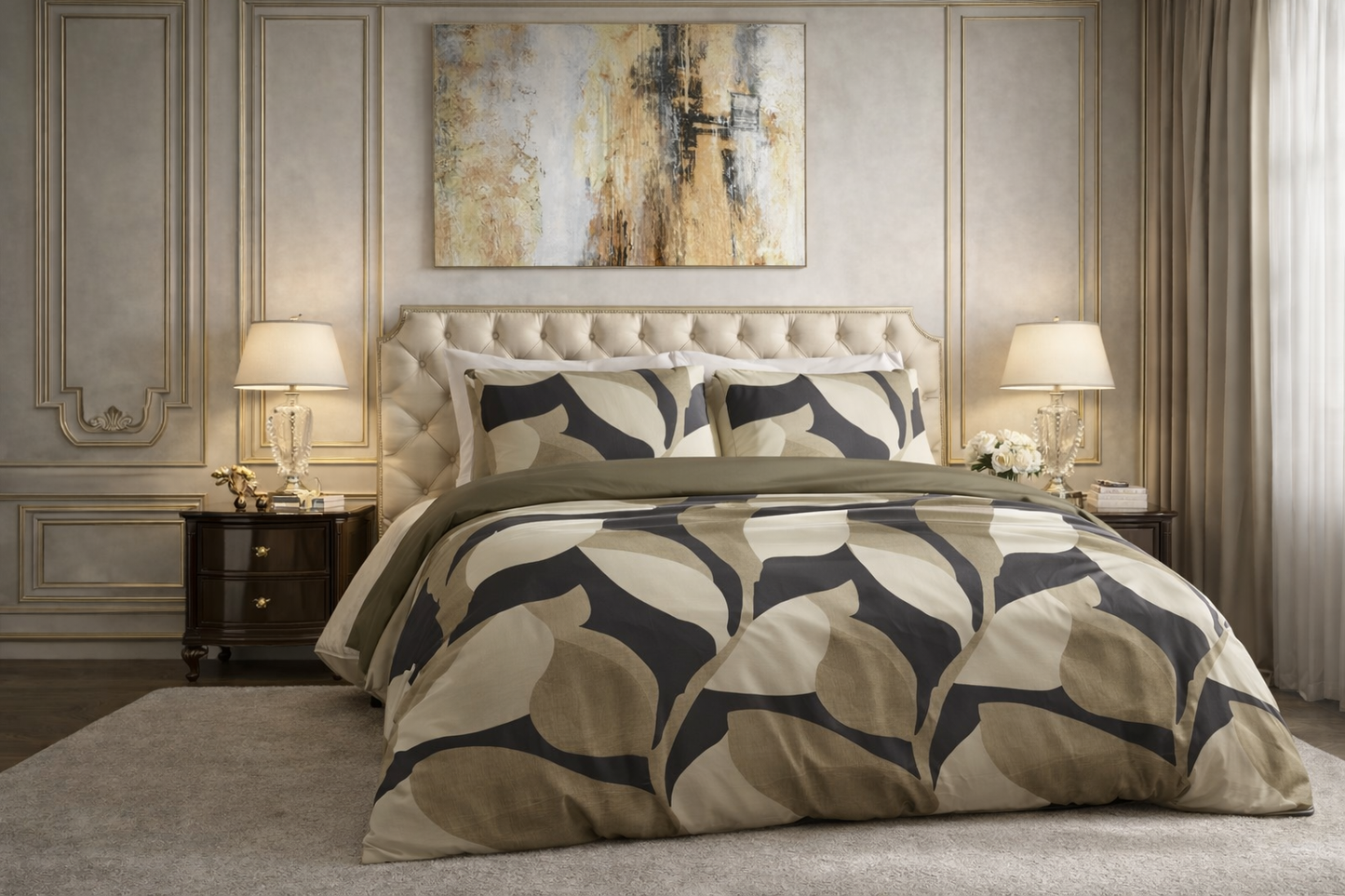 Lenjerie de pat Premium Sleeptime, 1x husa pilota 200x200/220, 2x fete de perna 60x70, Bumbac 100%, Hipoalergenica, 128T, model Pure Graphic Garden Anthracite, imprimeu Print Digital, culoare Maro