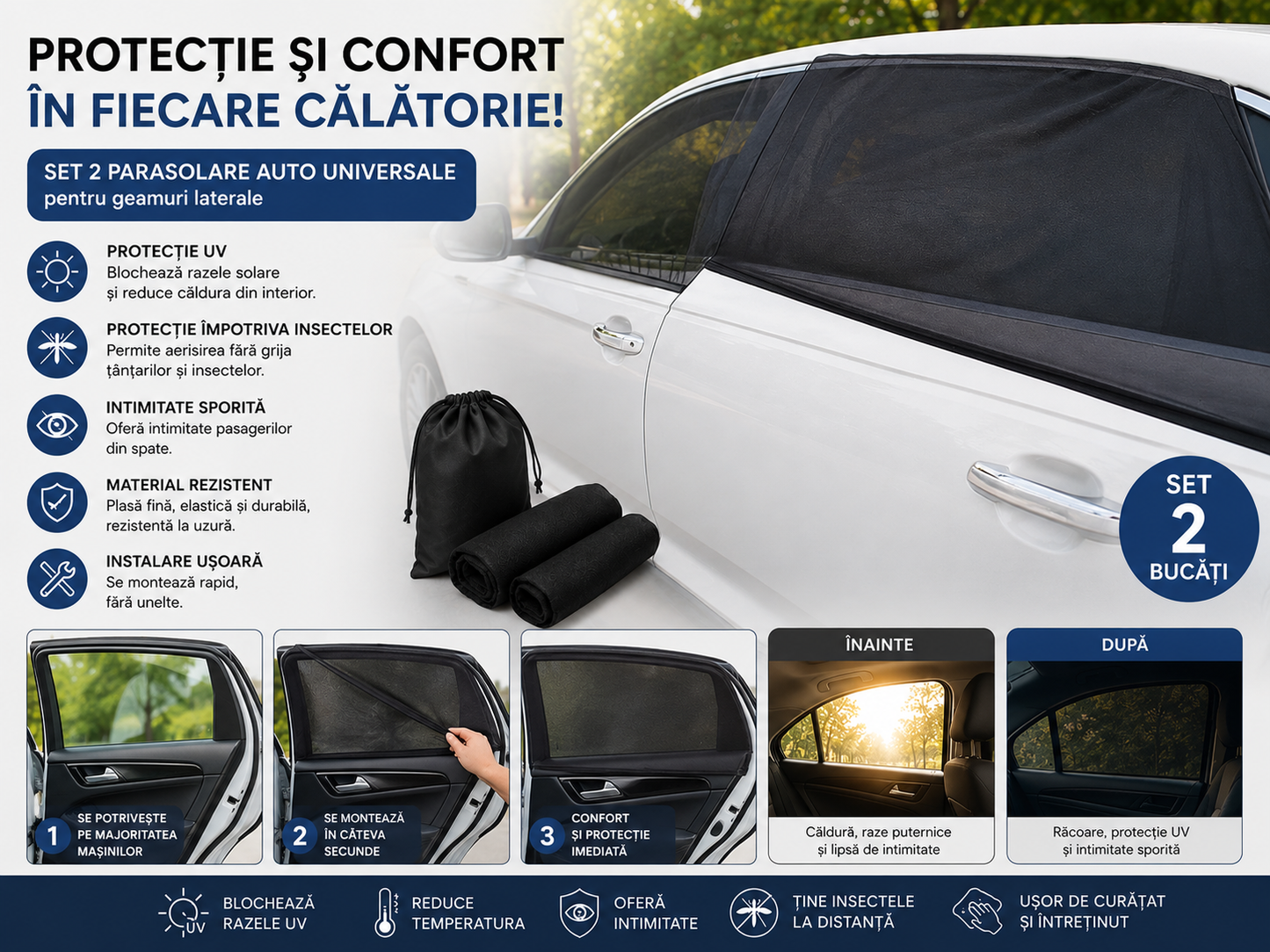 Parasolar Auto Universal Geam Spate 2 Buc, Protectie UV Copii si Bebelusi, 80x60 cm, Negru