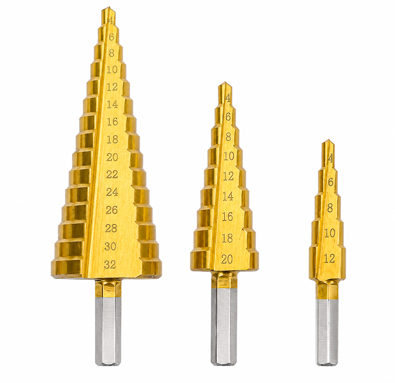 Set 3 freze conice titan cu geanta, 4-12/20/32 mm, metal, lemn, plastic, auriu
