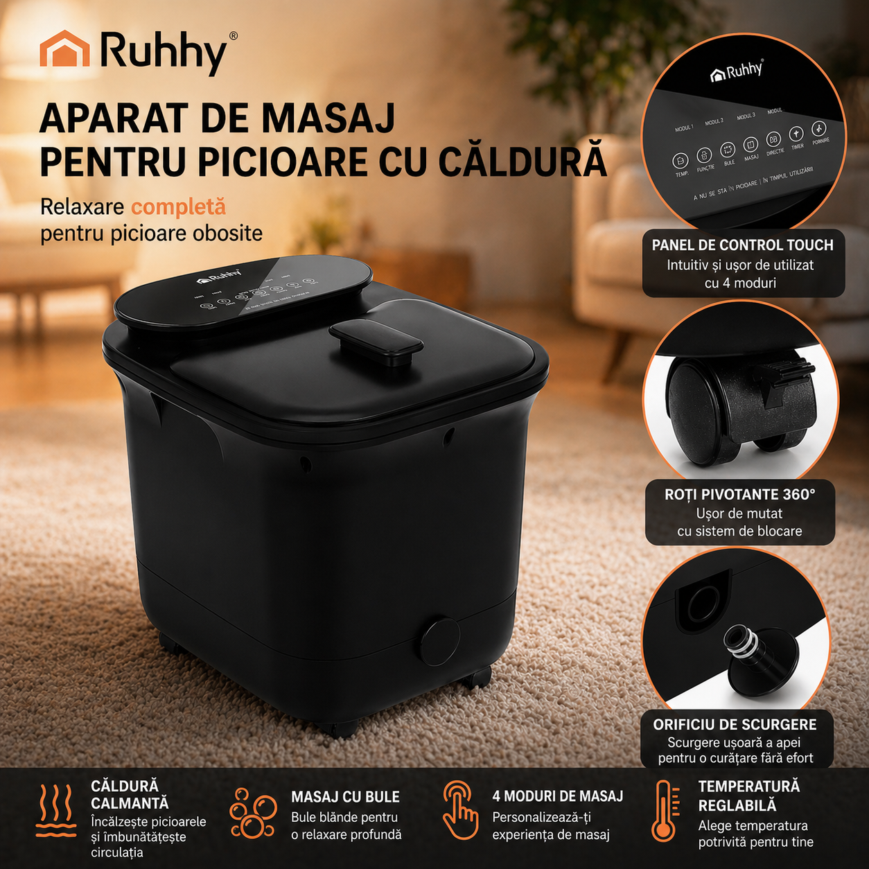 Cada Hidromasaj Pliabila pentru Picioare Ruhhy, Incalzire 35-48°C, Bule si Vibratii, Negru