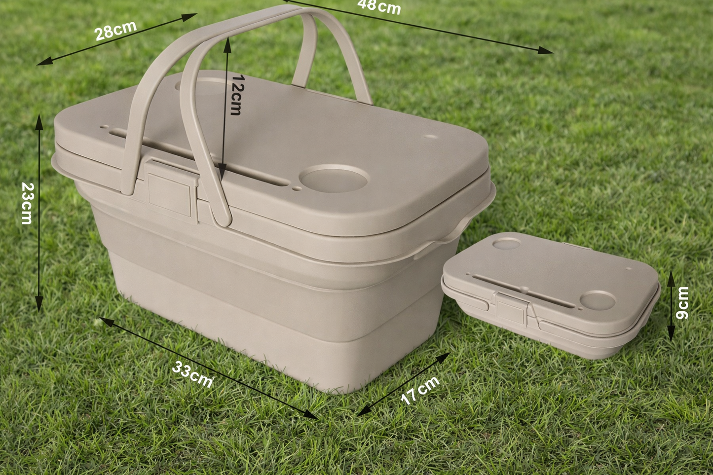 Cos picnic pliabil 3 in 1, 2 persoane, masa cu capac, portabil, recipient 15L, 47x30x10cm