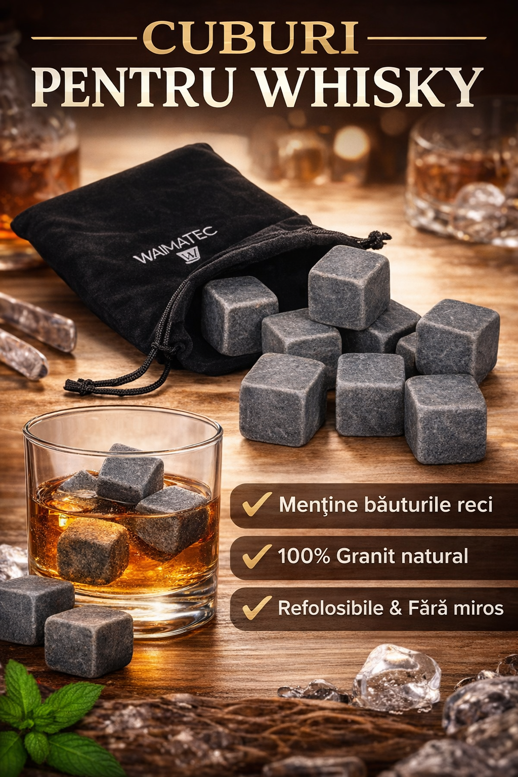 Set Decantor Whiskey Glob Pamantesc NEWTECH, 1X Carafa din Sticla 850 ml, 2X Pahare, 2X Suporturi pentru Pahare, Dop, 9 Cuburi pentru Racire cu Saculet, Cleste si Palnie, pentru Whisky, Scotch, Coniac, Bourbon, Ideal Cadou, Transparent