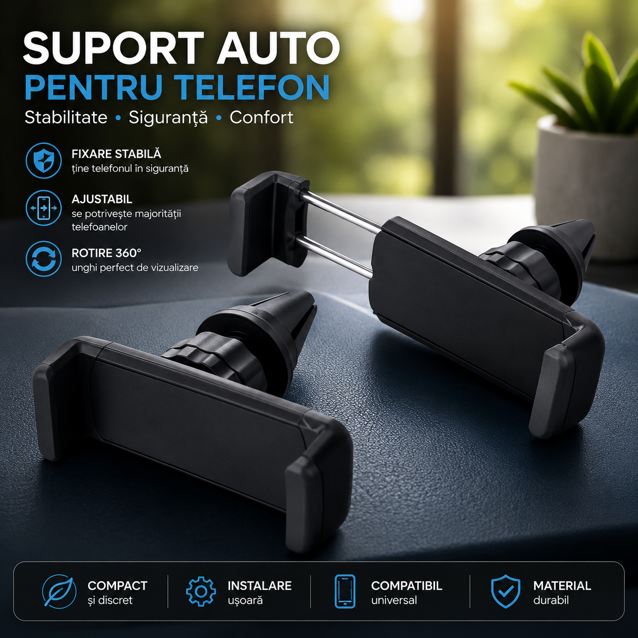 Tekmee Suport Telefon Auto pentru Grila Ventilatie, Prindere Universala, Deschidere 12 cm