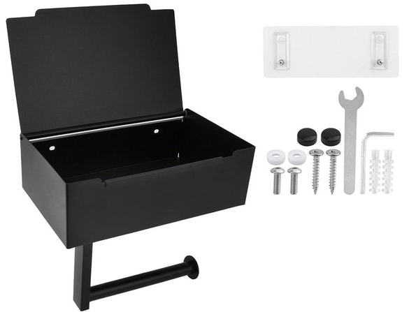 Suport Hartie Igienica NewTech 3 in 1, cu Raft si Cutie Servetele Umede, Inox, Autoadeziv, Negru