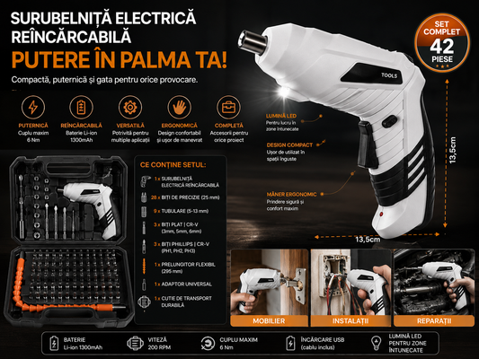 Surubelnita Electrica cu Acumulator 1300 mAh, 47 Accesorii, 5 Nm, LED, Valiza Transport