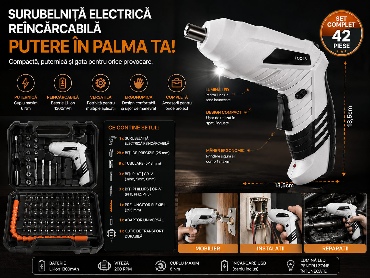 Surubelnita Electrica cu Acumulator 1300 mAh, 47 Accesorii, 5 Nm, LED, Valiza Transport