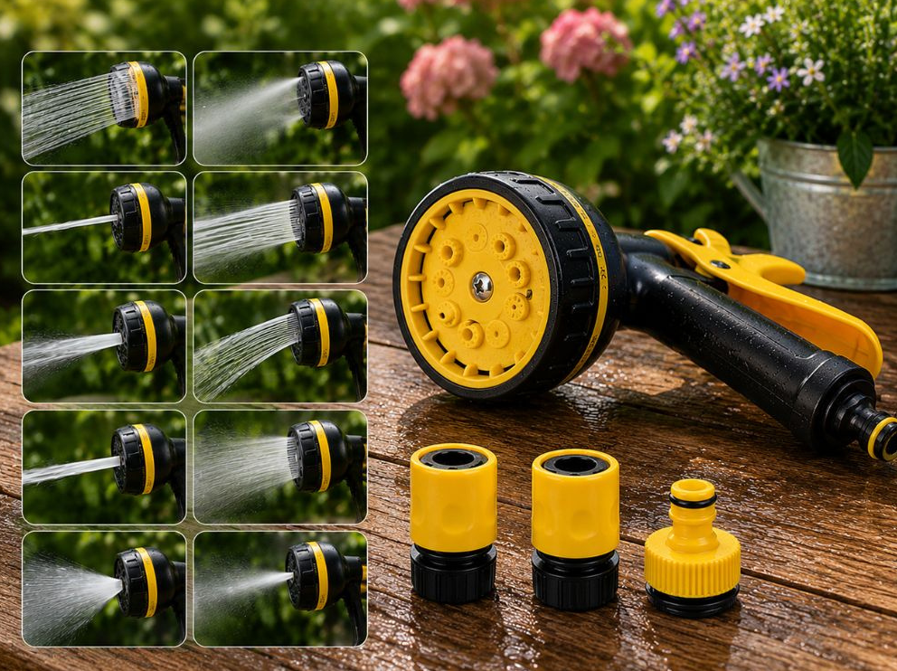 Set Pistol Stropit Gradina NEWTECH, 10 Functii, Conectori 1/2" si Adaptor 3/4"