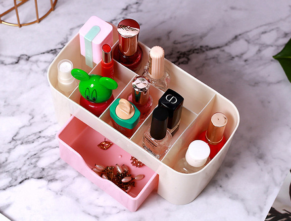 Organizator Cosmetice si Bijuterii NewTech, cu Sertar, Suport Machiaj si Skincare, Plastic, Roz