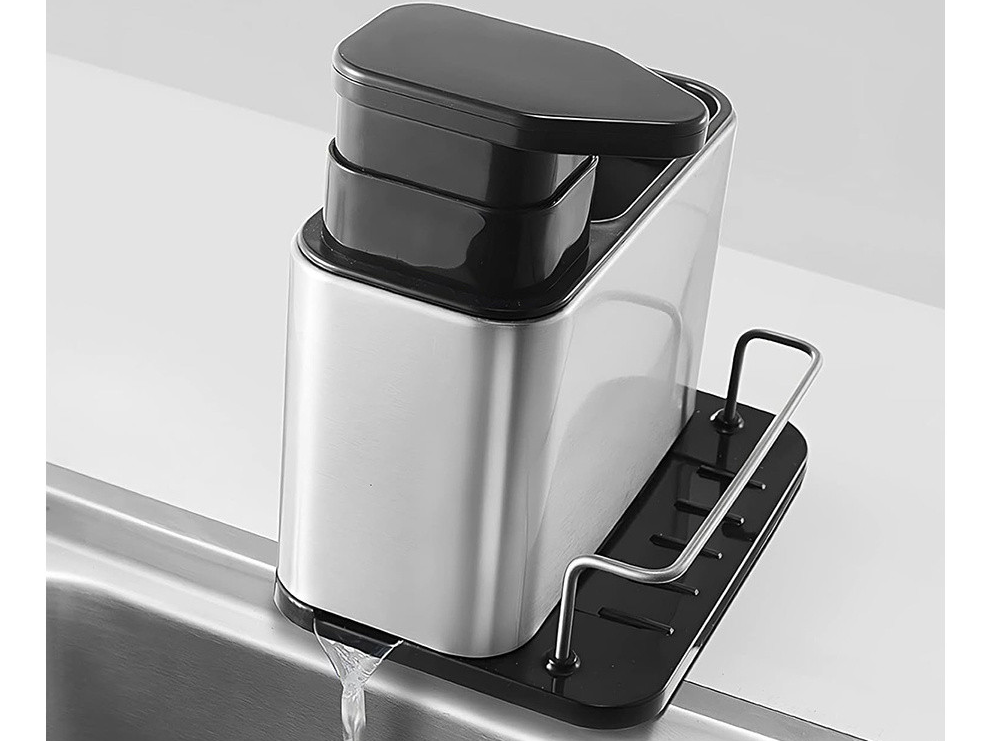 Organizator Bucatarie NewTech cu Dispenser Detergent, Suport Burete, 2 Compartimente, Argintiu Negru