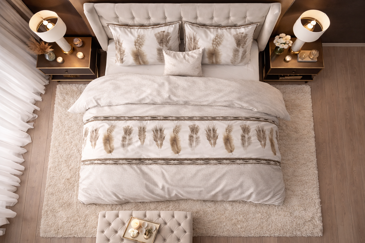 Lenjerie de pat Sleeptime, 1x husa pilota 200x200/220, 2x fete de perna 60x70, Bumbac si Poliester, Hipoalergenica, model Elegance Feathers Gray, culoare Maro