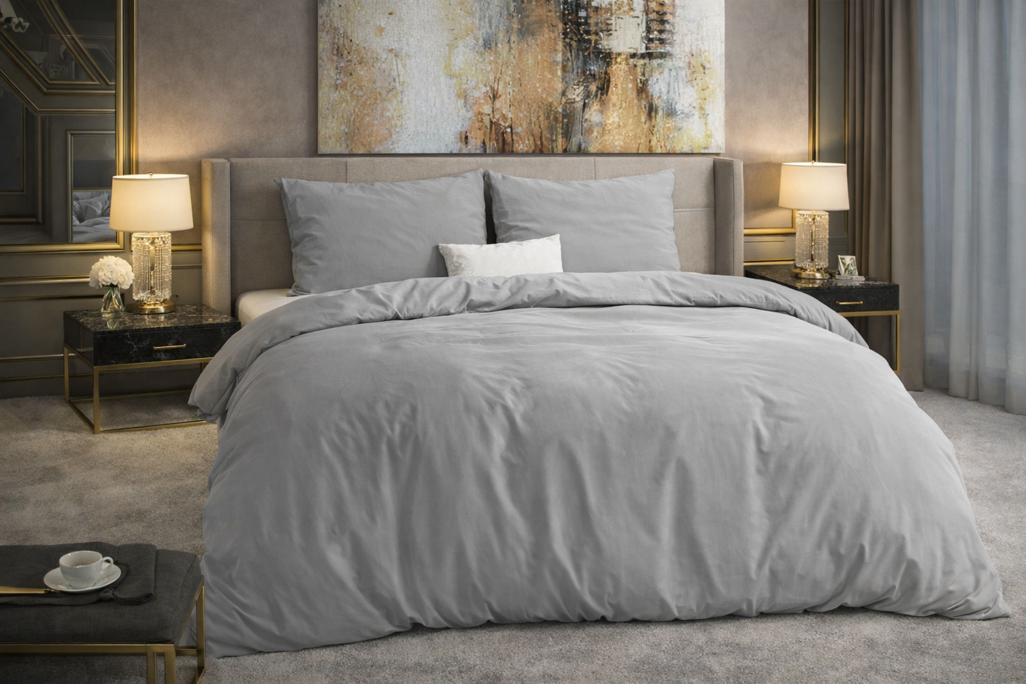 Lenjerie de pat Premium Dreamhouse, 1x husa pilota 200x200/220, 2x fete de perna 60x70, Bumbac Flannel 100%, Hipoalergenica, 160 GSM, model Flannel Mendez Gray, culoare Gri