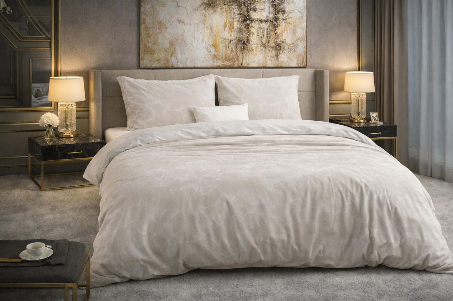 Lenjerie de pat Premium Sleeptime, 1x husa pilota 200x200/220, 2x fete de perna 60x70, Bumbac 100%, Hipoalergenica, 128T, model Pure Ginkgo Whisper Sand/Gray, imprimeu Print Digital, culoare Maro