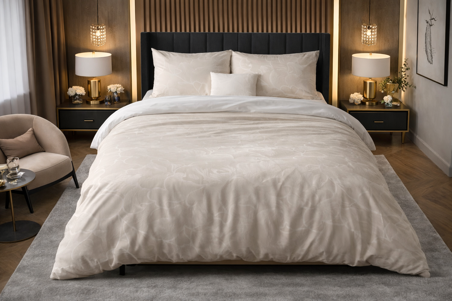 Lenjerie de pat Premium Sleeptime, 1x husa pilota 200x200/220, 2x fete de perna 60x70, Bumbac 100%, Hipoalergenica, 128T, model Pure Ginkgo Whisper Sand/Gray, imprimeu Print Digital, culoare Maro