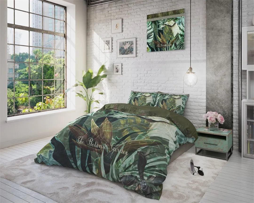 Lenjerie de pat Sleeptime Botanic Garden Green, 200x200/220 cm, 100% Microfibra, 2 Fete de Perna