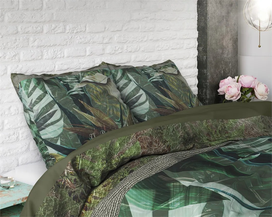 Lenjerie de pat Sleeptime Botanic Garden Green, 200x200/220 cm, 100% Microfibra, 2 Fete de Perna