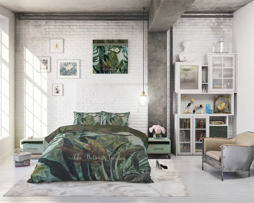 Lenjerie de pat Sleeptime Botanic Garden Green, 200x200/220 cm, 100% Microfibra, 2 Fete de Perna