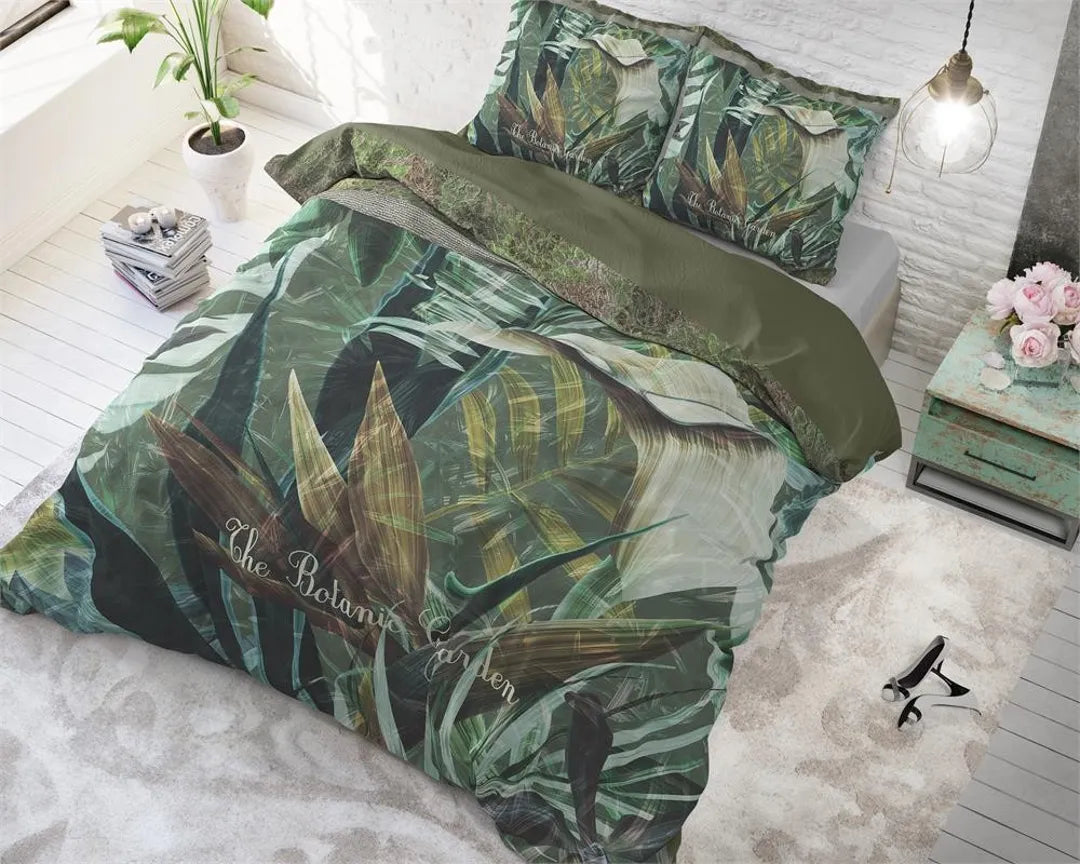 Lenjerie de pat Sleeptime Botanic Garden Green, 200x200/220 cm, 100% Microfibra, 2 Fete de Perna