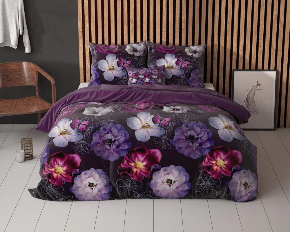 Lenjerie de pat Sleeptime Elegance, Magic Flower Purple 200 x 220 cm, Bumbac 80% + Poliester 20%, 2 Fete de Perna, Anti-alergic