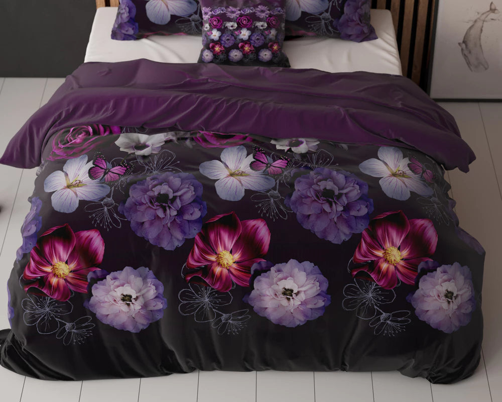 Lenjerie de pat Sleeptime Elegance, Magic Flower Purple 200 x 220 cm, Bumbac 80% + Poliester 20%, 2 Fete de Perna, Anti-alergic