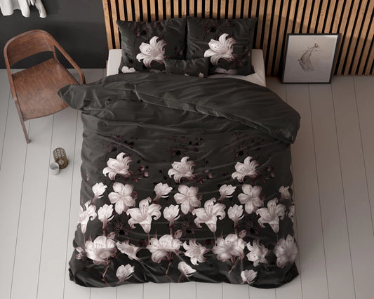 Set Lenjerie de pat, Sleeptime Elegance Dark Flower Black 200x220, 80% bumbac 20% poliester, dublu fata, 2 fete perna, 150 GSM, antialergic