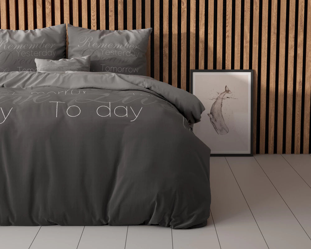 Lenjerie de pat, Sleeptime Elegance Live Today Anthracite 140 x 220 cm, Bumbac 80% + Poliester 20%, 1 Fata de Perna, 150 GSM