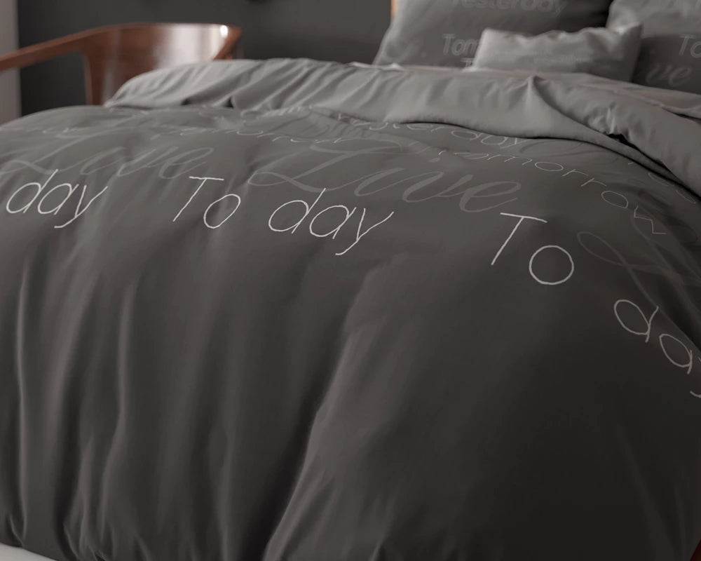 Lenjerie de pat, Sleeptime Elegance Live Today Anthracite 140 x 220 cm, Bumbac 80% + Poliester 20%, 1 Fata de Perna, 150 GSM