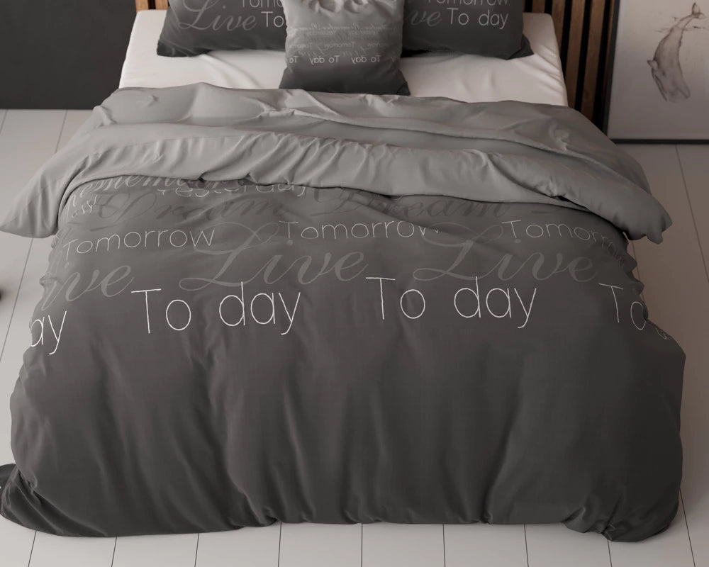 Lenjerie de pat, Sleeptime Elegance Live Today Anthracite 140 x 220 cm, Bumbac 80% + Poliester 20%, 1 Fata de Perna, 150 GSM