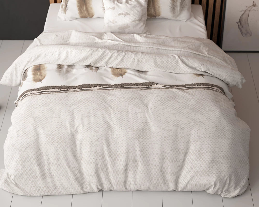 Lenjerie de pat, Sleeptime Elegance Feathers Gray 200 x 220 cm, 80% Bumbac + 20% Poliester, 2 Fete de Perna, Anti-alergic